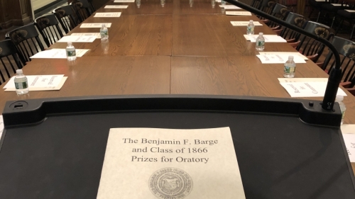 Dartmouth's Treasure Room table is setup for the 2019 speech contest.