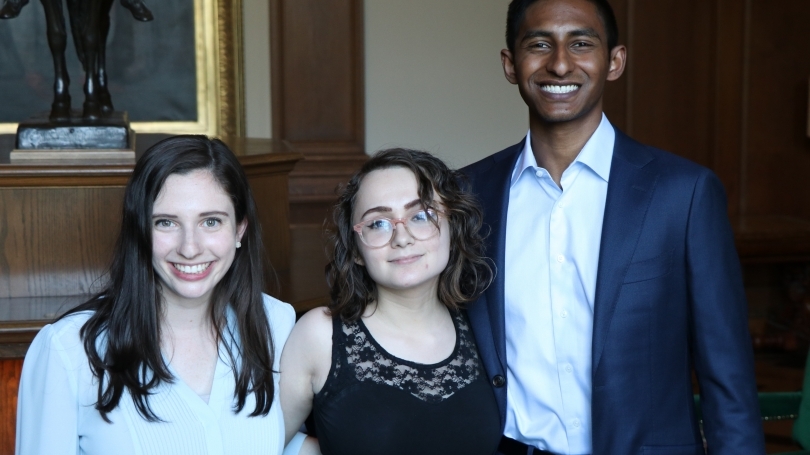 Prize winners: Barge, Class of 1866. From left to right: Carolyn Strauch '18 (Benjamin F. Barge Prize winner); Sofia Franco '20 (Class of 1866 Prize winner); Azhar Hussain '19 (Class of 1866 Prize winner)